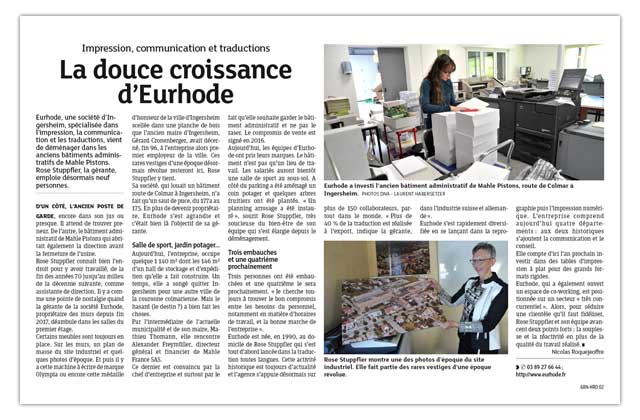 « La douce croissance d'Eurhode » - Article des DNA du 3 juin 2018